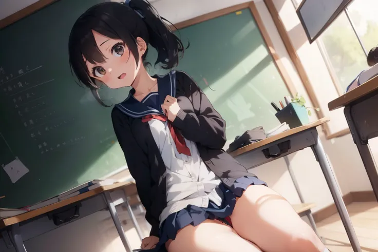 NSFW, In the classroom, Standing in front of the blackboard (master piece, highest quality), one beautiful girl, 16 years old, bra is visible, (sexy panties), fluffy pubic hair, ((sexy thighs)), (sailor uniform cardigan, navy pleated skirt), wide angle, be...