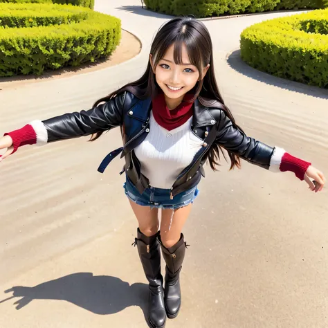 There is a woman standing on the sand with her arms outstretched.., full body!!, Chiho, 8k)), 🚿🗝📝, full body! cute face, asymmetrical!!, sakimichan, 🍂 cute, high boots, she is wearing streetwear, full_body!!, full body!!!, portrait!!, Leather fur jacket