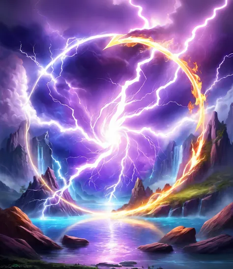 a painting of a circular thunderstorm in a mountain landscape, lightning fantasy magic, Vortex Portal Destierra a los ancianos, Mana flowing around you, epic fantasy card game art, trueno fractal dan mumford, Arc Lightning Plasma, epic fantasy digital art ...