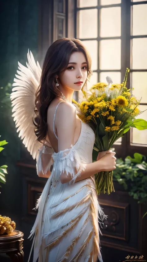 {{masterpiece, highest quality, Very detailed CG, unity 8k wallpaper, archangel, It has beautiful feathers, aroma, holding a bouquet of immortelle, 