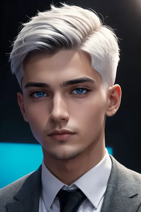 hombre joven con el pelo corto de color blanco, los ojos de color azul, y un traje negro