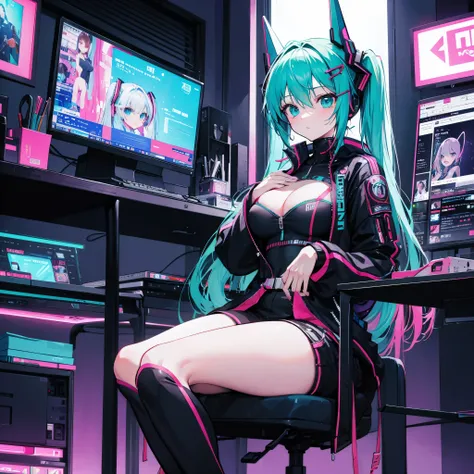 Cyberpunk style cluttered room. more neon. Many machines with unknown uses. Large windows with an open feel. Its sunny outside.　Hatsune Miku is sitting on the chair..
