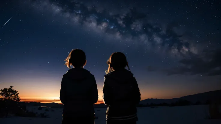 Photo of two girls&#39; backs, 12 and 8 years old, look up at the sky, Request a passing shooting star.