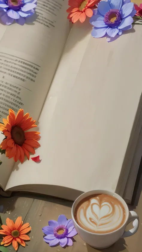 big open book on the table、There is nothing written on the pages of the book.、book close-up、There is a mug with a latte and scattered flowers around the book.、soft sunlight