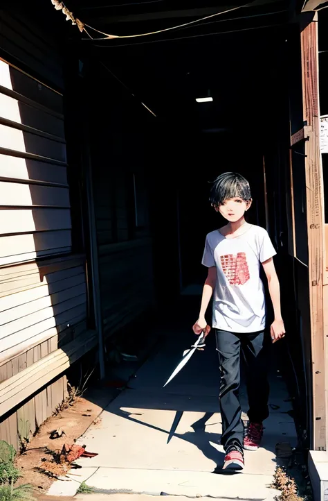 Boy walking while holding a knife angrily