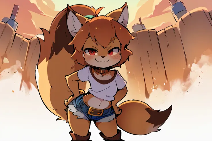 (Solo, young, anthro, fennec fox, small hair, small ahoge, light brown hair, small snout, flat chest, 2 tails, fox tail, 3 feet 1 inches of height, little thighs, ((long fur, vanilla fur)), round head, round chin, small fangs and big red eyes) wearing (wea...