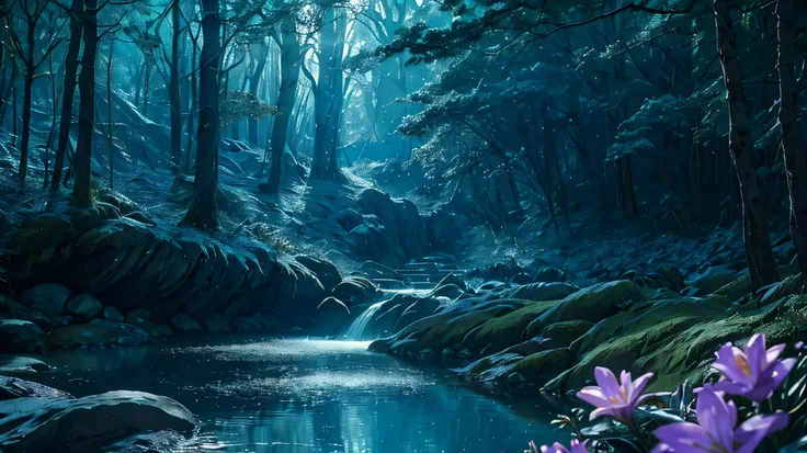 A formidable paladin stands boldly by a serene mountain stream., holding a glowing sword, exuding powerful light magic.  An ethereal fairytale forest backdrop comes to life with sparkling reflections on the water..&#39;surface., and the flowers bloom in br...