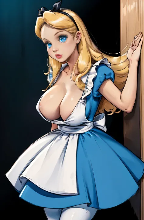 masterpiece, 1girl, solo, make her a sexy Alice in Wonderland with blonde hair, powder blue dress with white apron, white stockings, cleavage, dynamic, ultra high def, 32k, (perfect anatomy:1.5), perfect legs, in the style of Artgerm and Adam Hughes, perfe...