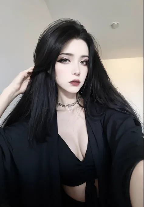 Mujer araffada con cabello largo y negro y estrangulador posando para una selfie, pale gothic beauty, 1 7 - year - old gothic girl, cruel korean gothic girl, gothic girl aesthetic, 1 7 - year - old anime gothic girl, gothic girl, Using gothic makeup, con p...