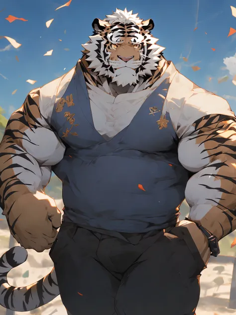 （masterpiece），（Very detailed），（best quality），hairy，，white hair，golden pupils，muscle，(((white tiger)))，((Wear casual clothes))，((convex))，(Jump to camera 1.4)，8k，（（high quality）），Strong body，（White hair on chest and belly），body with black stripes，There is a...