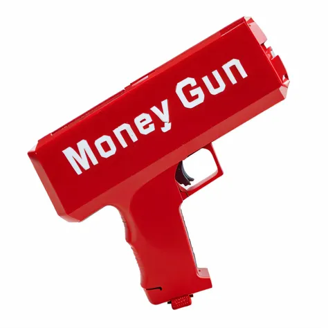 a close up of a red gun with the word money gun on it, gun, money, by josé, guns, 🕹️ 😎 🔫 🤖 🚬, Red airsoft electric pistol, laser gun, looking at camera, tommy gun, author：Livius Giulai, by Ella Guru, next to it is a toy ray gun, handgun