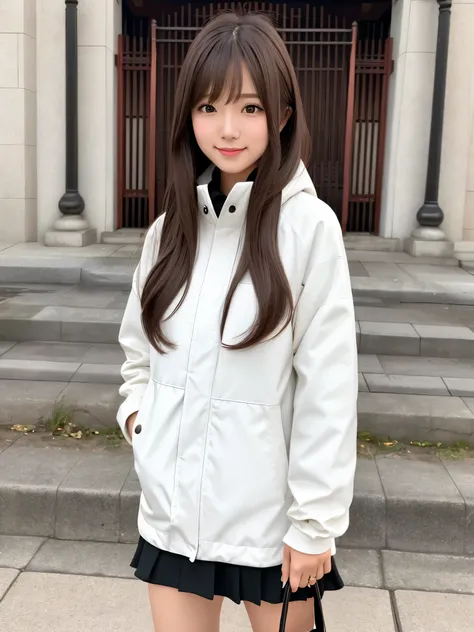 product quality, 1 girl, cowboy shot, front view, a Japanese young pretty girl, long bob hair, standing with a big smile in front of a gate of a big temple in a big city, shiny satin white down parka over a black sweater, black miniskirt, a tote bag over h...