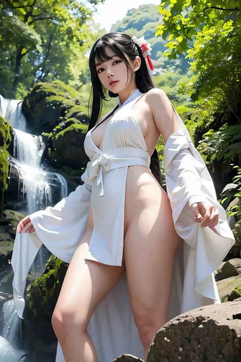 NSFW、white costume、beautiful shrine maiden、Black Hair Upstyle、((whole body))、(((photo taken from below)))、big waterfall