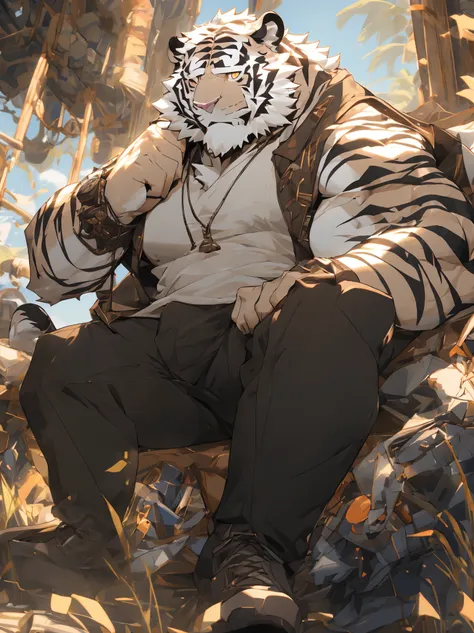 （masterpiece），（very detailed），（best quality），hairy，，white hair，golden pupils，muscle，(((white tiger)))，((wear casual clothes))，((...