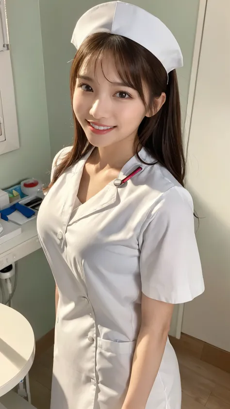 ((1 nurse,white nurse uniform、Basic Nurse Cap,All white,short white tight skirt,Photo seen diagonally from above,Take a photo from above,Look at me with a smile,looking at camera,look at the camera,Treatment room in a hospital room,have a clipboard,Take ph...