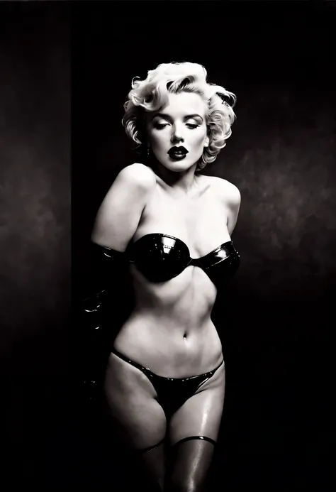 A stunning black and white surrealist portrait of Marilyn Monroe, fashion editorial, erotic semi nude, dark avant garde repertoire photography, capturing her Raw, candid and playful demeanour, seductive and sensational photography in the style of (Daido Mo...