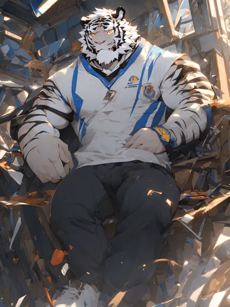 （masterpiece），（Very detailed），（best quality），hairy，，white hair，golden pupils，muscle，(((white tiger)))，((Wearing student casual clothes))，((convex))，(Jump to camera 1.4)，8k，（（high quality）），Strong body，（White hair on chest and belly），body with black stripes...