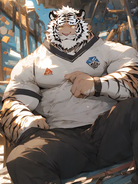 （masterpiece），（Very detailed），（best quality），hairy，，white hair，golden pupils，muscle，(((white tiger)))，((Wearing student casual clothes))，((convex))，(Jump to camera 1.4)，8k，（（high quality）），Strong body，（White hair on chest and belly），body with black stripes...