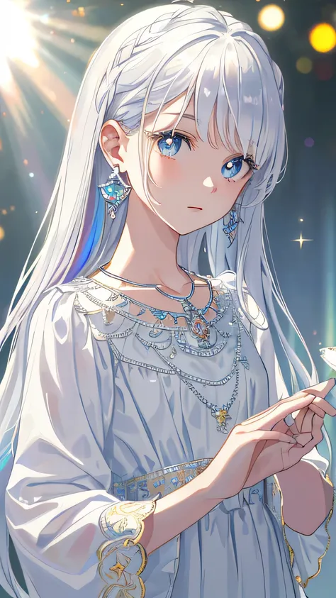 masterpiece, great illustrations, rainbow hair, platinum earrings, platinum necklace, white dress, 1 girl, cute, (dynamic light: 1.2), cinematic light, delicate facial features, fine eyes, sharp pupils, Real students, written boundary depth, background bok...