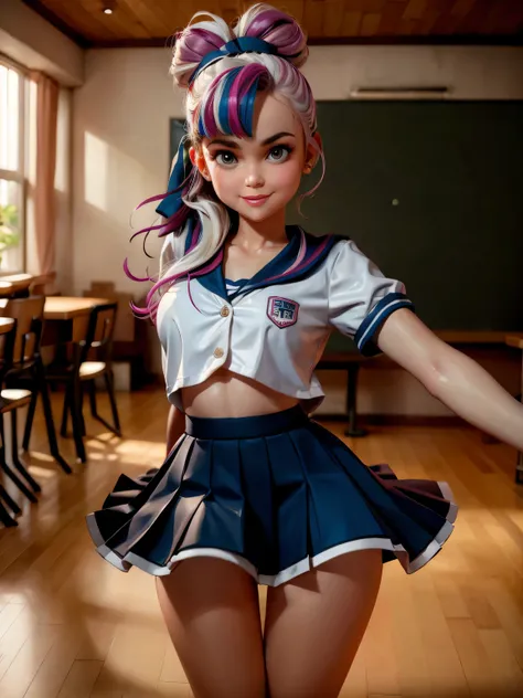 cheer girl　Underwear pattern　‎Classroom　early evening　A smile　No thin uniform buttons　Underwear pattern multicolor hair　up skirt　raise leg