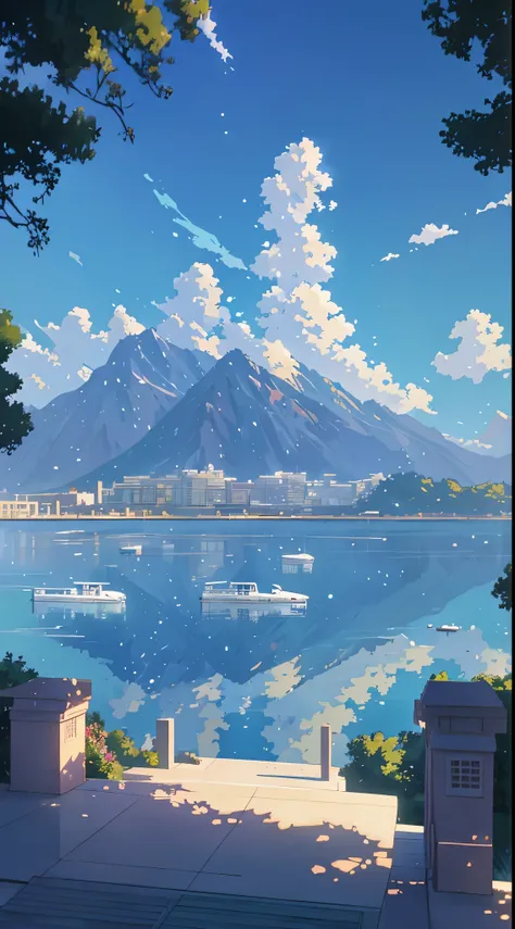 Anime scenery with benches overlooking the waters and mountains, Anime landscapes, beautiful anime scenery, beautiful anime scenes, Makoto Shinkais style, anime backgrounds, Anime landscape, anime beautiful peace scene, Makoto Shinkai. —h 2160, in the styl...