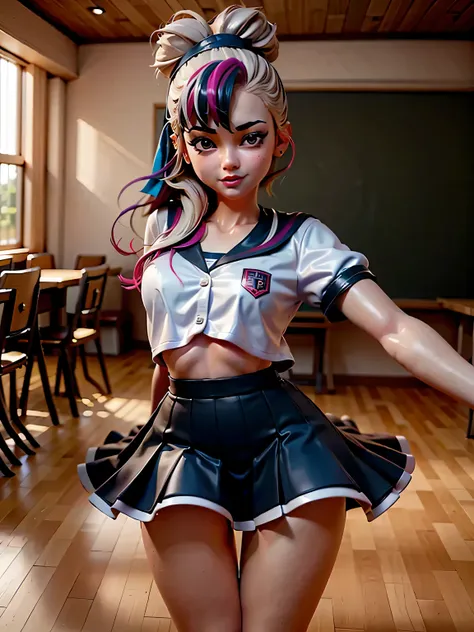 a girl in a classroom, wearing a colorful cheerleading uniform with a multicolor hair pattern, is smiling brightly. the classroo...