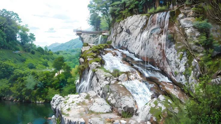 High detail, 8K, ultra HD, high quality, Anime studio, create a image relistict, lighting , softlight, waterfall beautifull, blue sky, cloudy, highlight -1