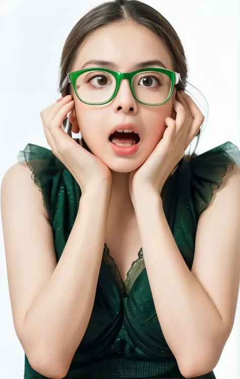 One is wearing glasses、Woman in green dress raising hands, Shock look, Shock expression on her face, photo, surprise expression, Portrait shoot, very surprise, Shock expression, Stock, surprise expression on her face, expressive surprise expression, surpri...