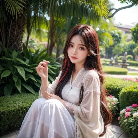 Indonesian beautiful girl,Long colored hair,Radiant face,eyes with brightness,DD cups,Background garden,