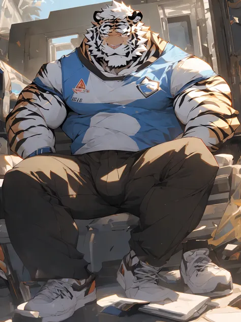 （masterpiece），（Very detailed），（best quality），hairy，，white hair，golden pupils，muscle，(((white tiger)))，((Wearing student casual clothes))，((convex))，(Jump to camera 1.4)，8k，（（high quality）），Strong body，（White hair on chest and belly），body with black stripes...