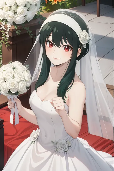 masterpiece, highest quality, 8k, ultra high resolution, highest quality, best writing, beautiful face, (black-green hair:1.3), Long hair Short hair、red eyes、(Wedding dress:1.3)、(white veil:1.3), bouquet, (wedding ceremony:1.3), outdoors, smile, Slender, f...