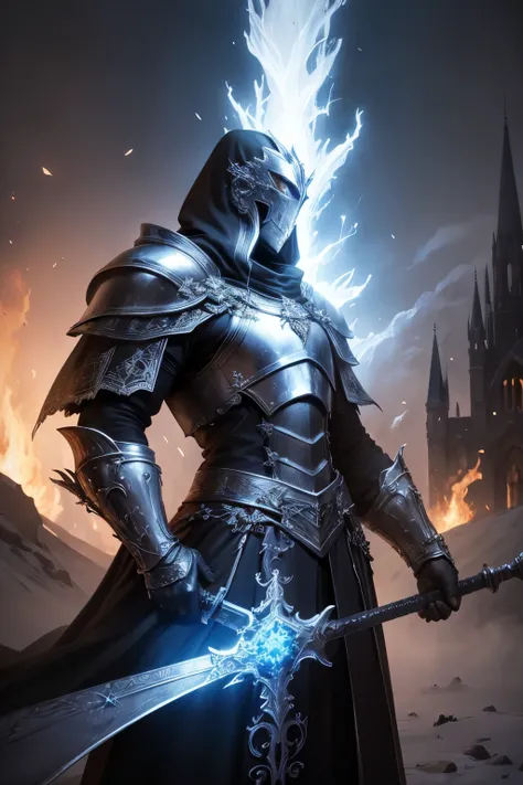 (best quality, highres), Pontiff Sulyvahn, boss, Dark Souls 3, dark fantasy, fantasy, character, intense, fierce, cold, fire and darkness, gothic, winter, icy, detailed armor, glowing eyes, dual swords, sinister aura, frozen landscape, surreal atmosphere, ...