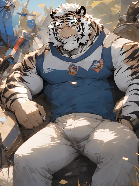 （masterpiece），（Very detailed），（best quality），hairy，，white hair，golden pupils，muscle，(((white tiger)))，((Wearing student casual clothes))，((convex))，(Jump to camera 1.4)，8k，（（high quality）），Strong body，（White hair on chest and belly），body with black stripes...