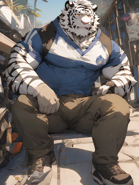 （masterpiece），（Very detailed），（best quality），hairy，，white hair，golden pupils，muscle，(((white tiger)))，((Wearing student casual clothes))，((convex))，(Jump to camera 1.4)，8k，（（high quality）），Strong body，（White hair on chest and belly），body with black stripes...