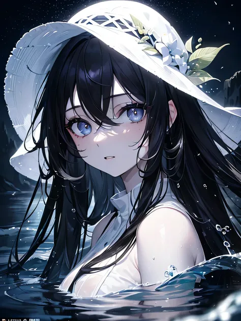 (masterpiece,highest quality,Super detailed),1 girl, black hair,beautiful and detailed face, fine eyes,looking at the viewer, multicolored eyes,((gray theme),white skin, shining eyes ,Ocean,((night)),dark environment,(underwater), ((fresco,fresh photos))