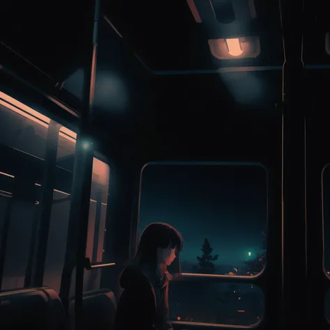 There is a woman sitting on a bench on a train, ghibli style,night,silhouette,look out,night景,--Niji5--,AR16.9