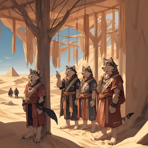 top quality, best quality, High-quality illustrations, masterpiece, super high resolution, detailed background, detailed background, desert, sand dunes, pyramid, Traditional costumes, group shot:0.2, 6+boys, 6+girls, Happy, joyful, absurdres(highly detaile...