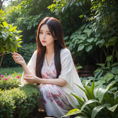 Indonesian beautiful girl,Long colored hair,Radiant face,eyes with brightness,DD cups,Background garden,