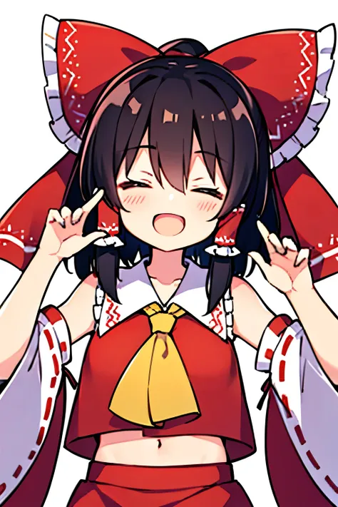 hakurei reimu,laughter,simple background,((((close your eyes))))