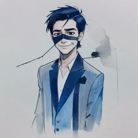 1 male, suit style,smile, knife,  (closed one eye),  scar across the eye,  black hair. alone, Upper body,  watercolor, figure, Depth of the bounds written, sketch, soft lighting, The background is a blue gradation, wonderful, black eye, intellectual，naked ...