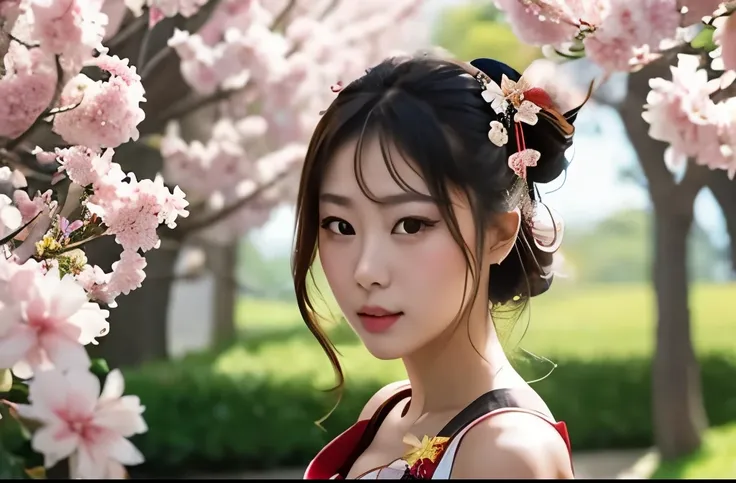 1girl, Generate a beautiful Geisha looking directly at the camera with a (loving, seductive) gaze. She stands tall surrounded by sakura blossoms covering the trees in the background