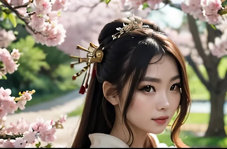 1girl, Generate a beautiful Geisha looking directly at the camera with a (loving, seductive) gaze. She stands tall surrounded by sakura blossoms covering the trees in the background