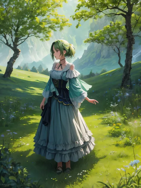 En un prado verde se encuentra una chica al frente de un grupo de caballeros..
REST With a brave expression., she guides them to their destination.
BREAK Behind her, a green forest stretches and beyond, mountains rise in the distance.
REST The most suitabl...