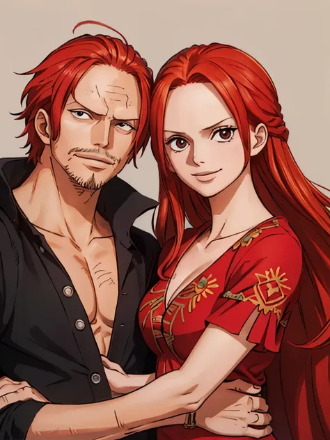 red haired shanks from one piece and a beautiful woman, happy face, simple smile, (middle age couple) (shanks has a van dyke bea...