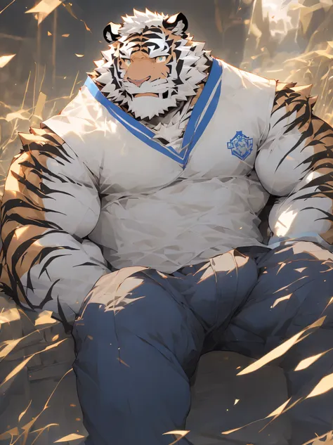 （masterpiece），（Very detailed），（best quality），hairy，，white hair，golden pupil muscles，(((white tiger)))，((Wear casual clothes))，((convex))，(Jump to camera 1.4)，8k，（（high quality）），Strong body，（White hair on chest and belly），body with blue stripes，There is a ...