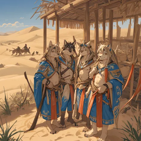 top quality, best quality, High-quality illustrations, masterpiece, super high resolution, detailed background, detailed background, desert, sand dunes, pyramid, Traditional costumes, group shot:0.2, 6+boys, 6+girls, Happy, joyful, absurdres(highly detaile...