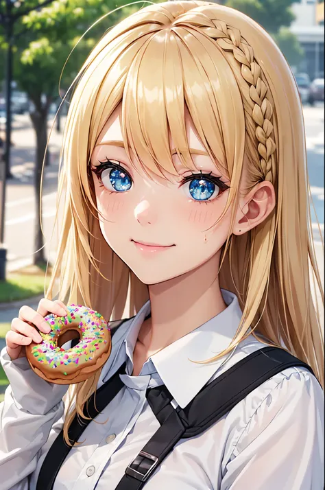 (High quality, High resolution, Fine details), Anime style, enjoying a delicious doughnut, mouth-watering doughnut, mouth-watering dessert, holding a doughnut in mouth, Ruffled blouse, solo, curvy women, braided blond hair, sparkling eyes, (Detailed eyes:1...