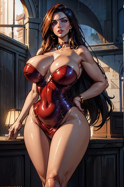 jessica rabbit, alluring pose, very large breasts, seductive gaze, volumetric lighting, photorealistic, ultra detailed, best quality