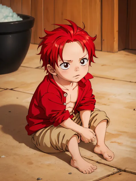 a little cute red haired baby boy in one piece anime style, little , small baby boy