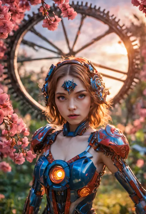 best quality,4k,8k,highres,masterpiece:1.2,ultra-detailed,realistic:1.37,A girl in a garden,beautiful detailed eyes,beautiful detailed lips,extremely detailed eyes and face,longeyelashes,(cybertron,sci-fi) background,heroic pose,cybernetic enhancements,mec...